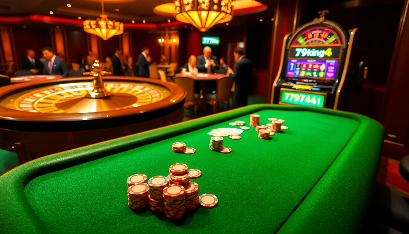 Experience the exciting gaming atmosphere of 79king4 with vibrant poker tables and roulette wheels.