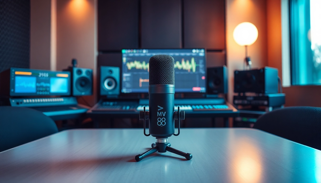 MV 88 microphone displayed in a modern studio setting, showcasing advanced audio technology and design.