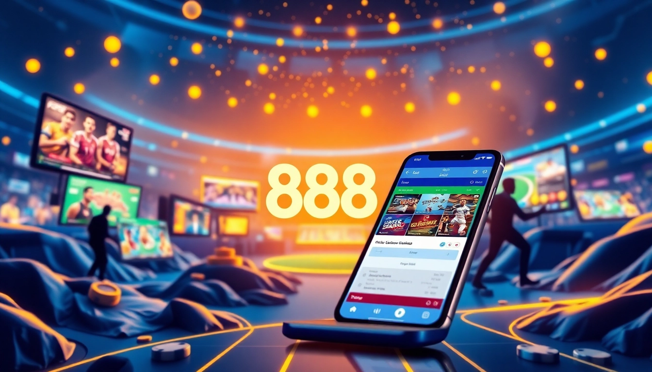 Explore exciting gaming features of 888 new with a vibrant digital interface showcasing sports betting and casino games.