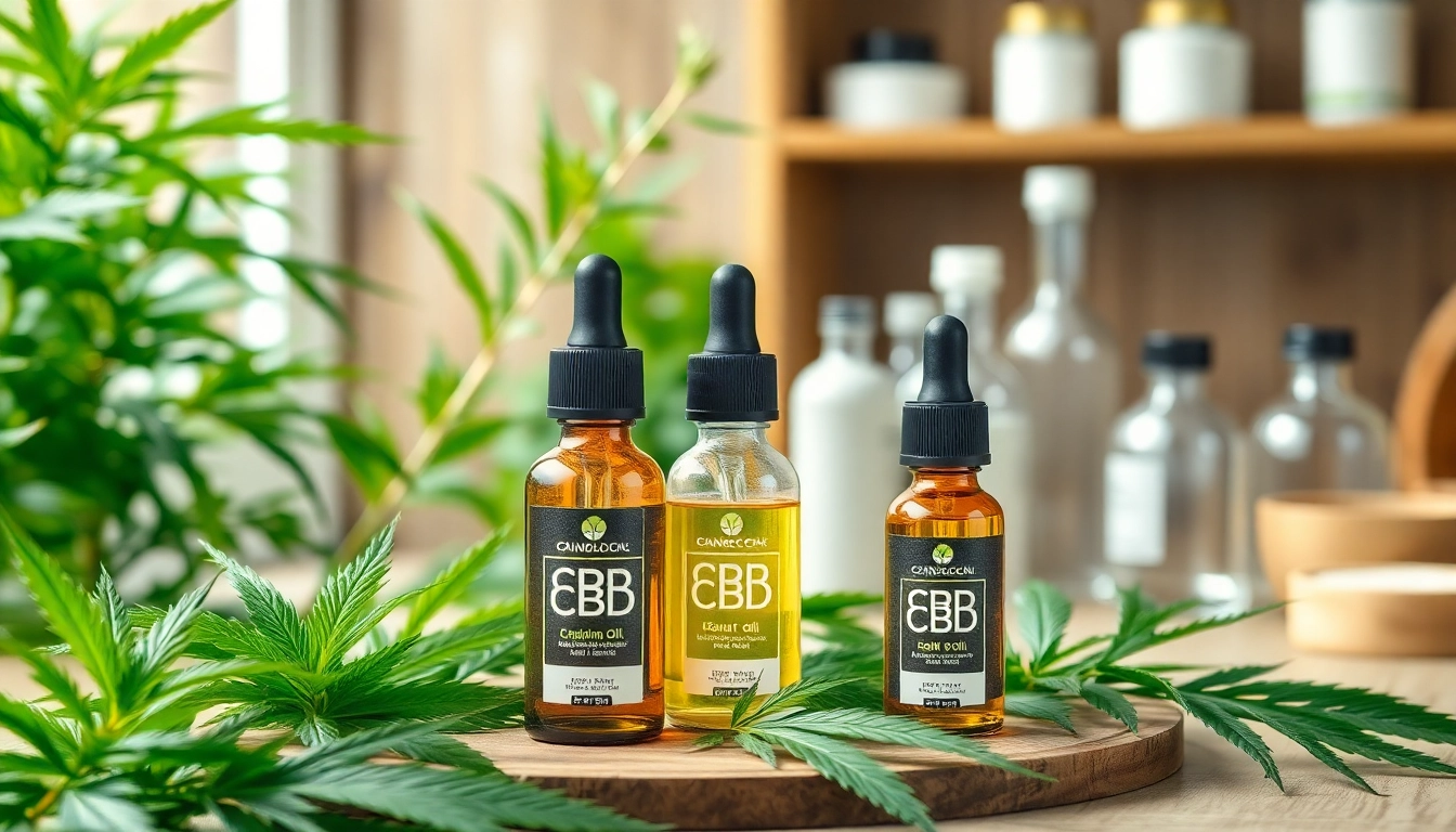 CBD-olja flaskor med naturliga hampa växter som visar organiska wellness-produkter.