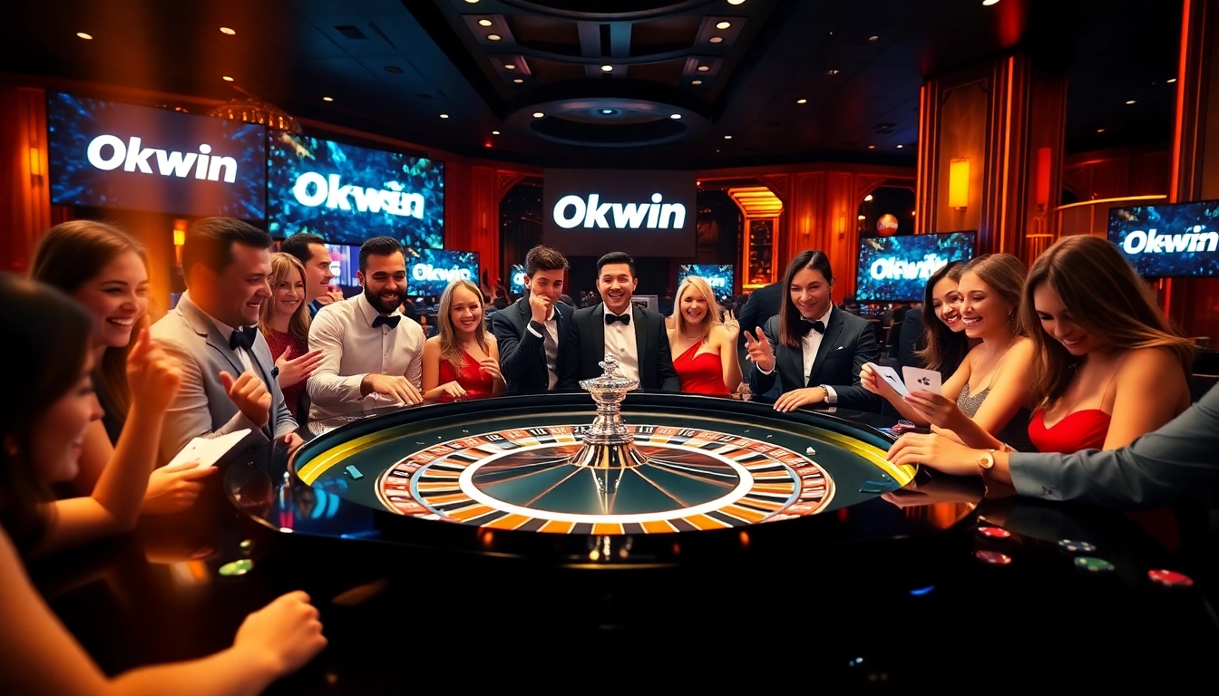 Players engaging at the luxurious Okwin roulette table in an elegant casino setting.