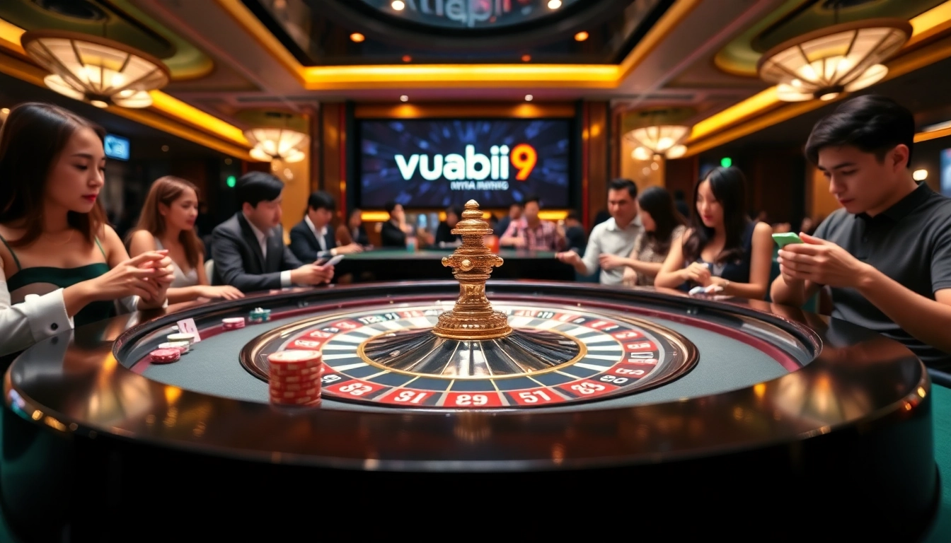 Gamblers enjoying thrilling games at vuabai9's luxurious casino.
