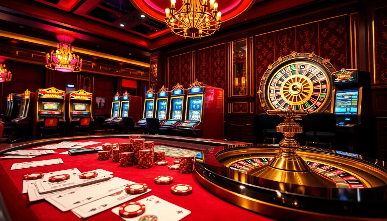 Exciting gambling scene with luxury casino elements featuring https://kjc.football/ poker chips and roulette.
