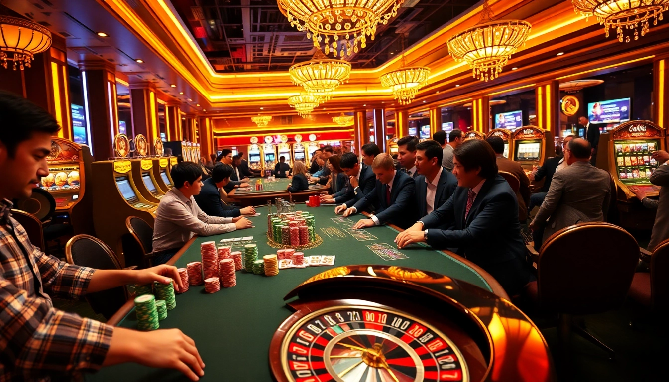 Engaged gamers at a casino with 789win13, vibrant slots, and glimmering poker chips.