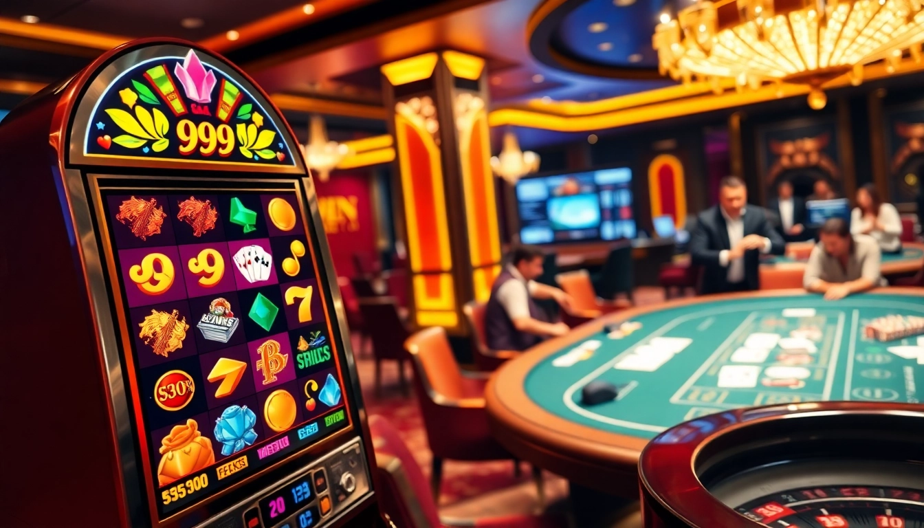 Players engaging with the 99win slot machine in a vibrant casino atmosphere.