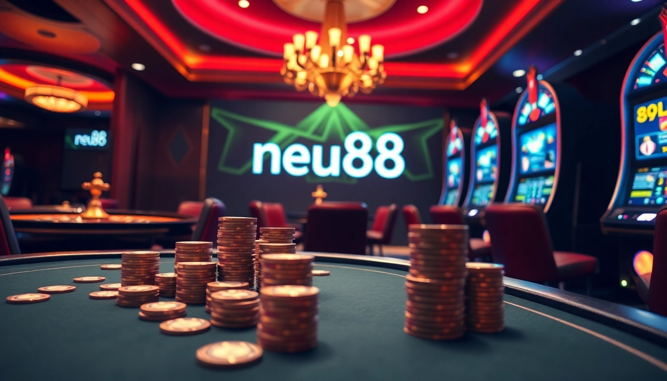 Engage with neu88 at an elegant casino table filled with vibrant poker chips and an exciting roulette wheel.