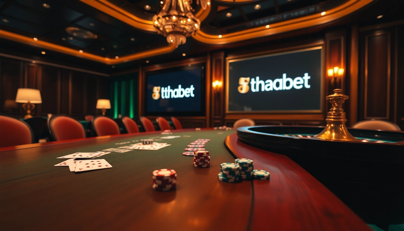 Experience the excitement of Thabet casino with poker chips and a roulette wheel.