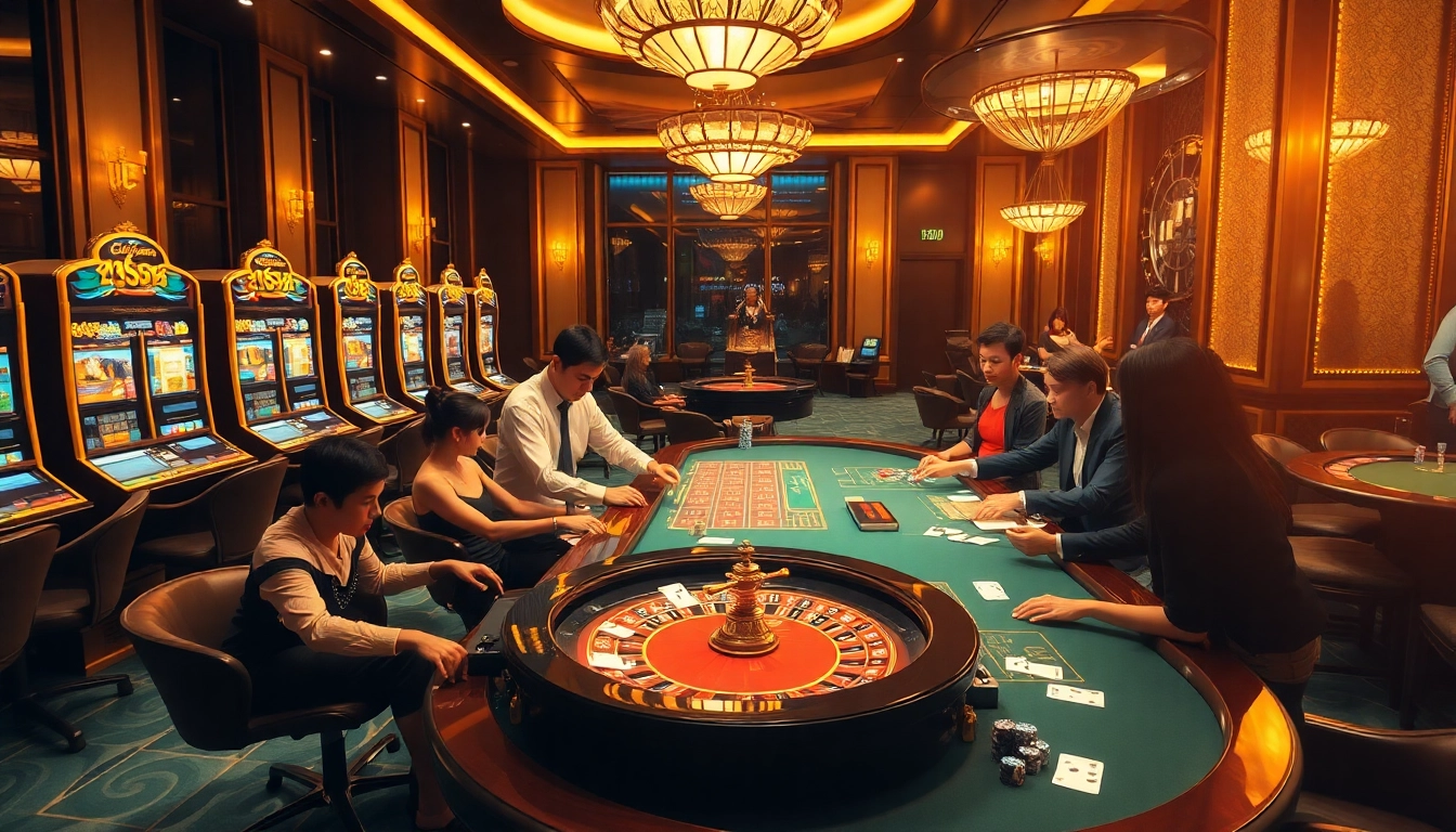 Engaged players enjoying intense roulette and poker action at rr88 com's luxurious casino.