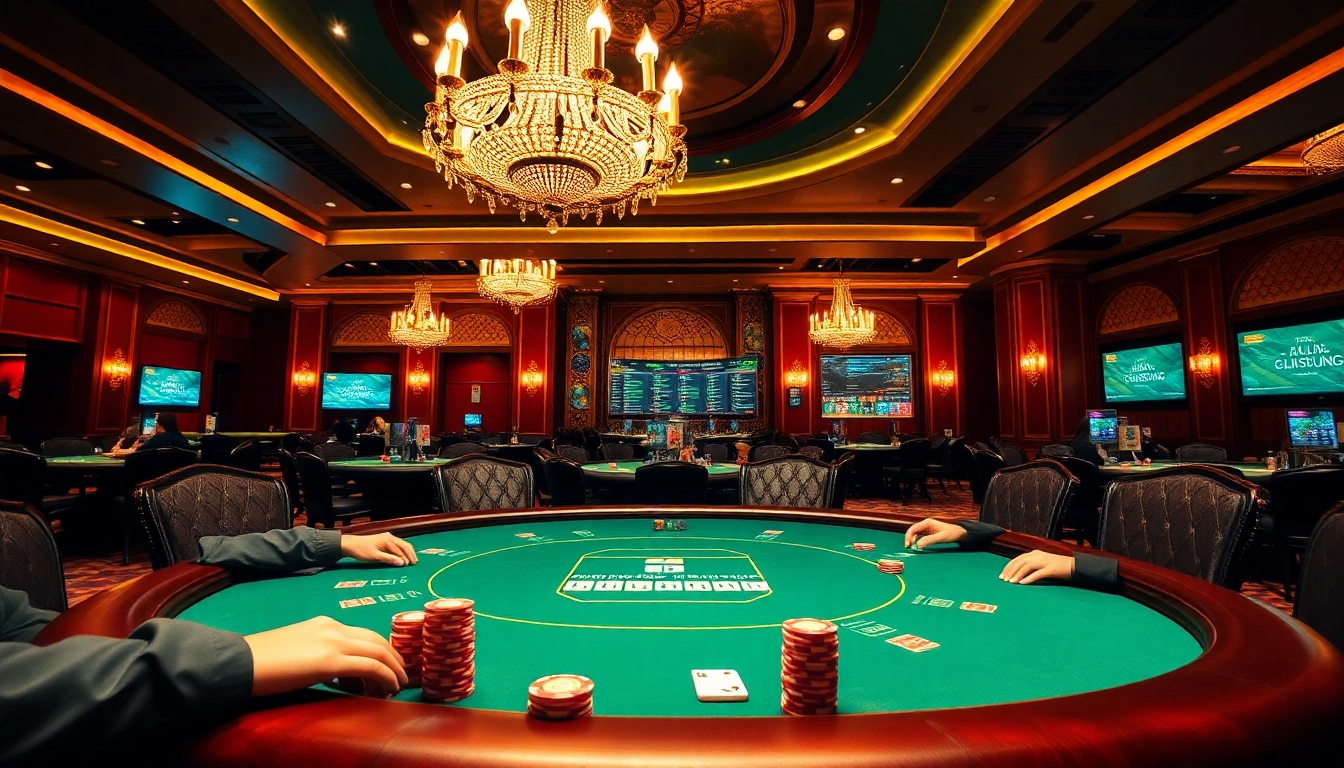 Bettors enjoy an exciting poker game at https://babu88.global/ with colorful chips and cards in a luxurious setting.