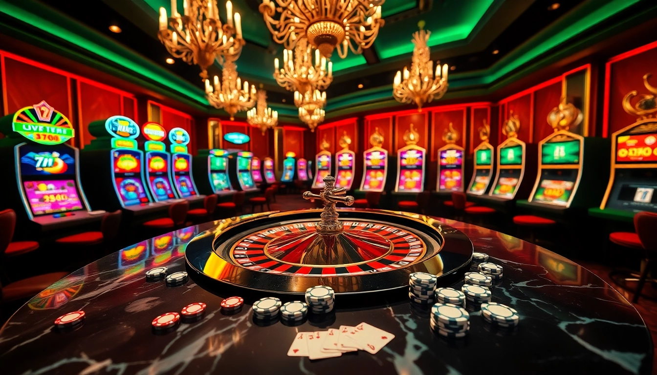 Players engaging in thrilling casino activities with 7m odds displayed on digital screens, surrounded by slot machines and poker tables.