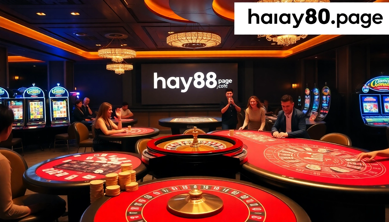 Excited players enjoying games at hay88.page casino with vibrant slot machines and roulette.