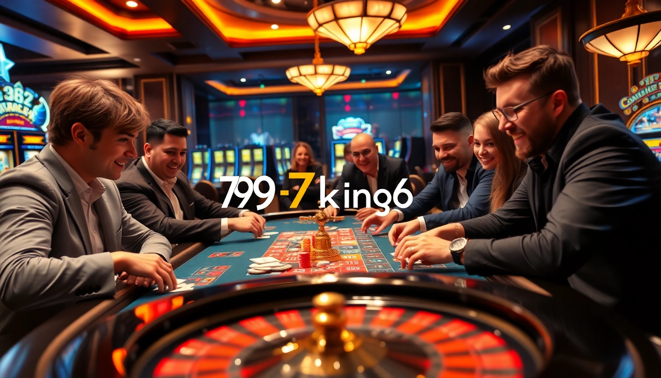 A lively poker game at 79king6 casino table, showcasing players and colorful chips.