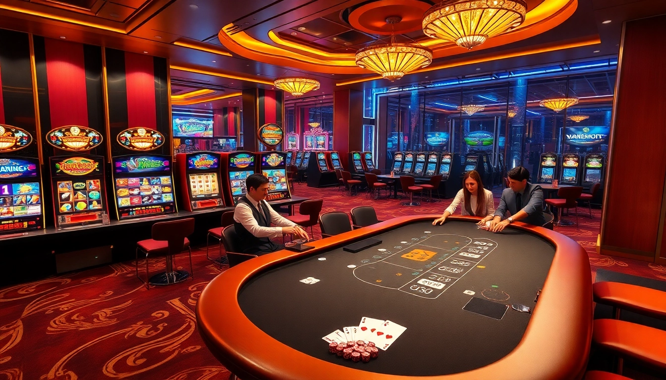 A thrilling 'kuwin 1' gaming scene showcasing a vibrant slot machine area and engaging poker players.