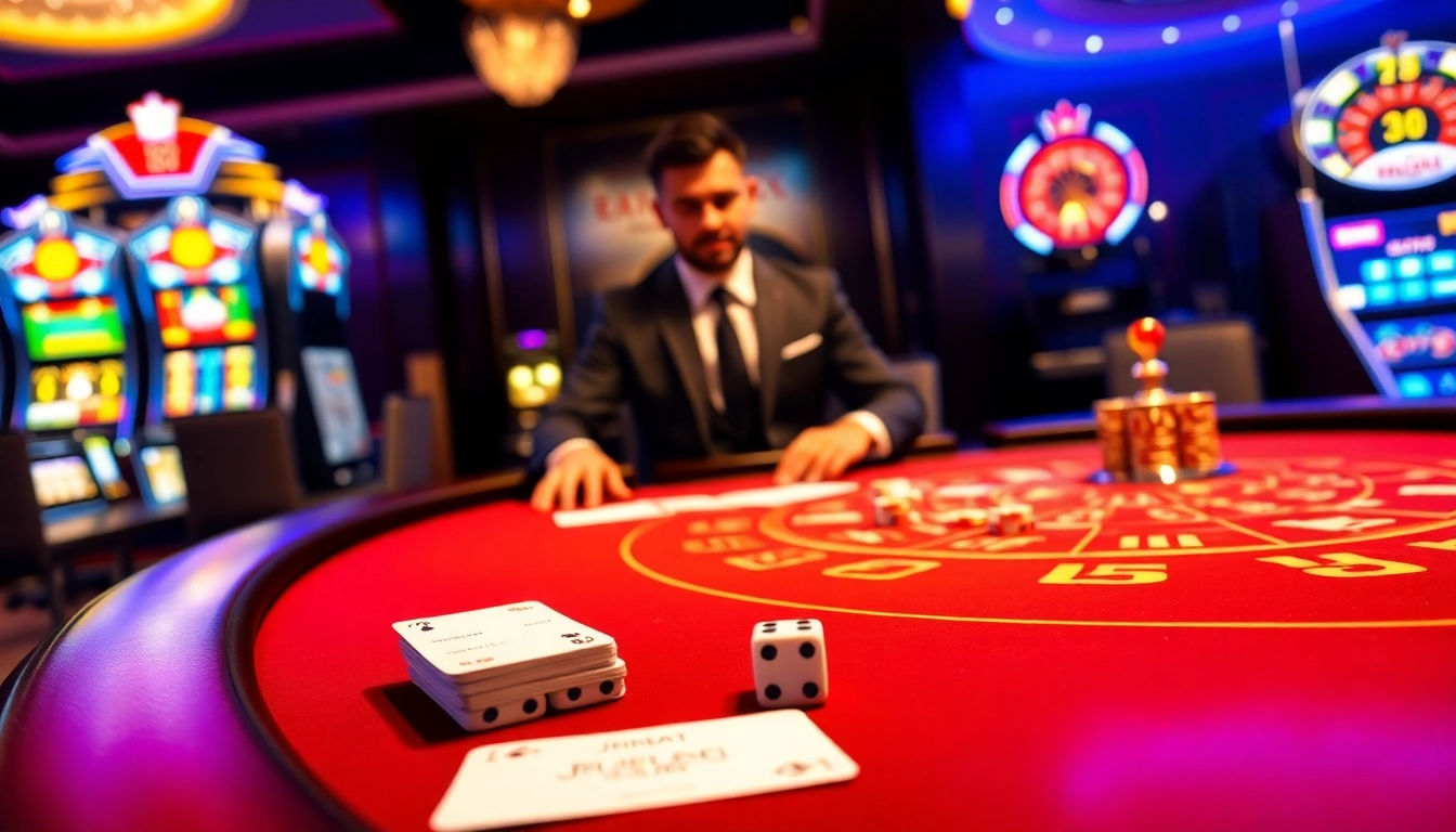 Experience the glamour of jun888 with a lively baccarat table and casino elements.