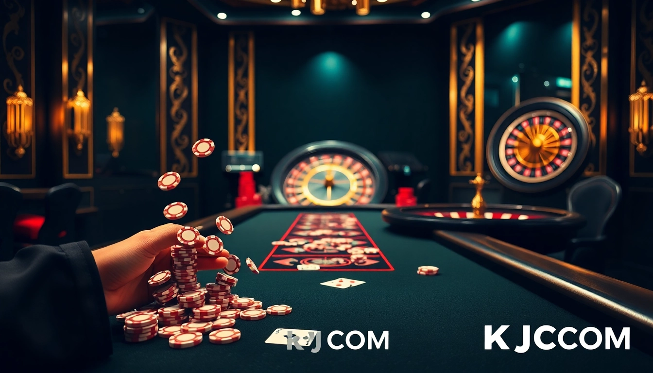 Engage with exciting poker action at KJC COM, featuring vibrant chips and cards on an elegant table.