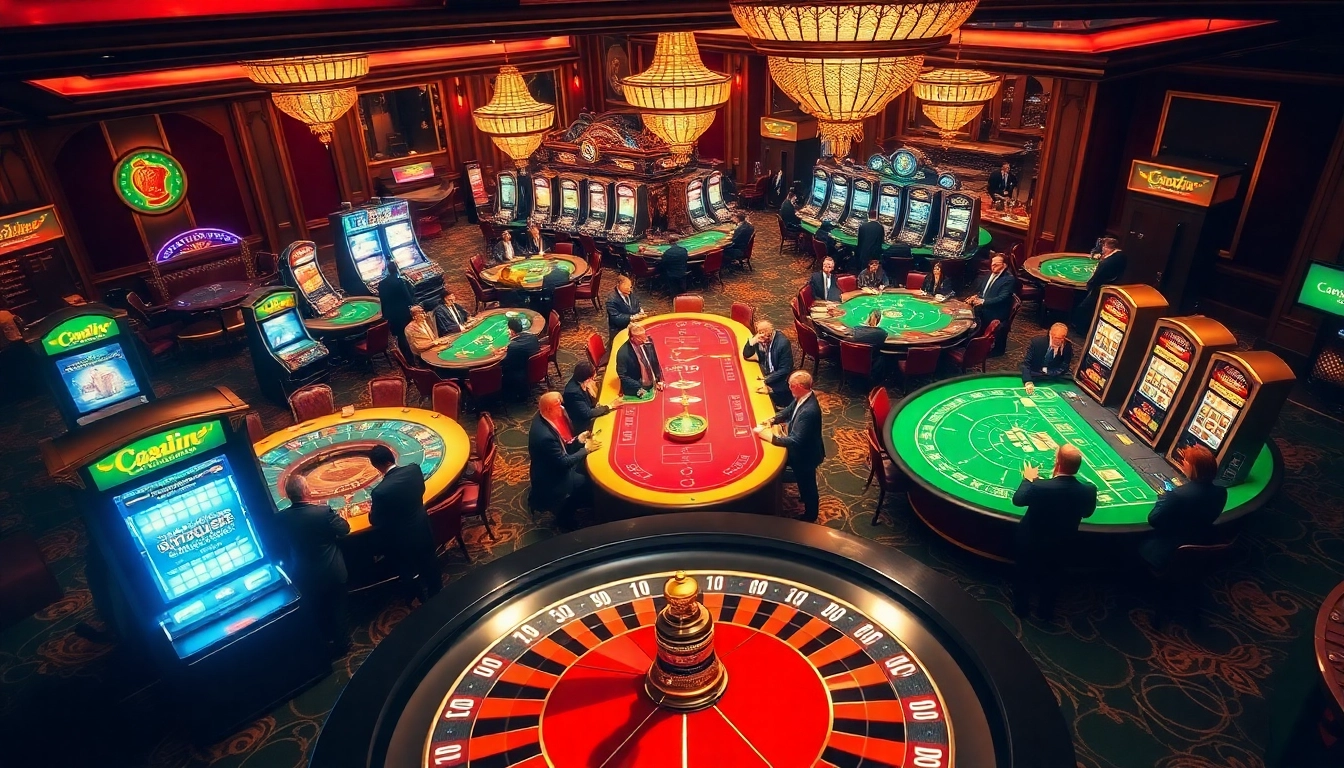 CWIN casino scene with luxurious gaming tables showcasing players engaged in high-stakes poker and roulette.