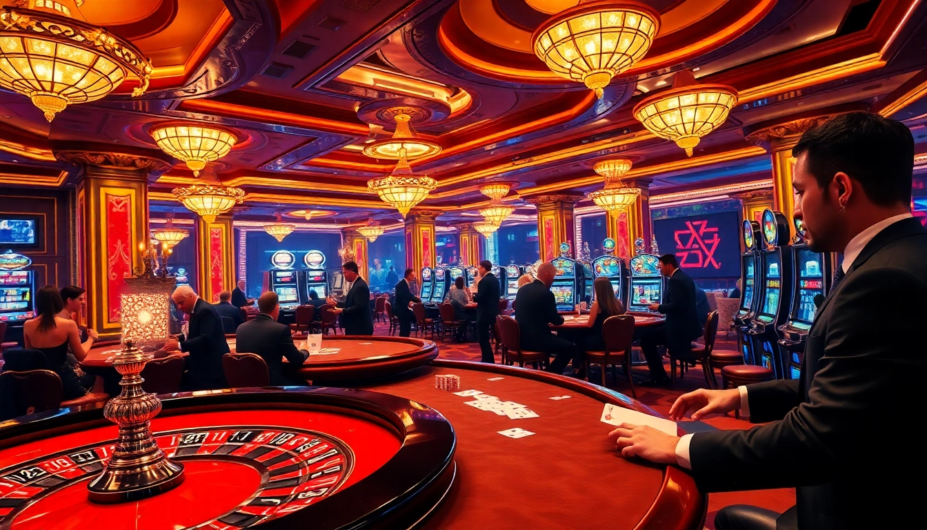 Immersive scene showcasing the excitement of 2PH222 Vip casino with players at gaming tables and slot machines.
