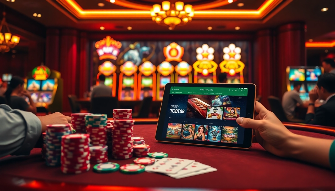 Engaging gambling scene featuring the online interface of trang chủ tobet88 with poker chips and vibrant slot machines.