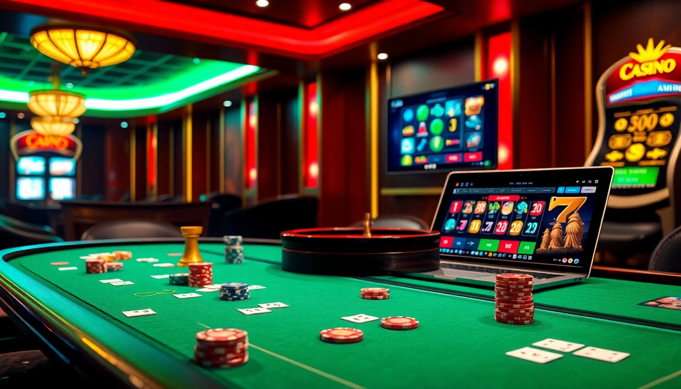 Players enjoying a thrilling poker game and slot action at https://ok88.tech/ with luxurious casino vibes.