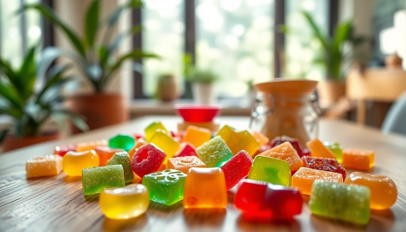 Delicious CBD & THC gummies arranged invitingly on a wooden table amidst natural light.
