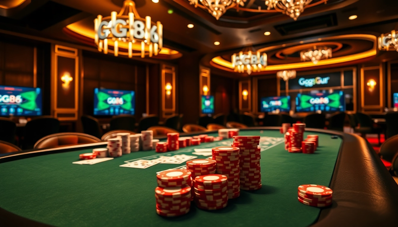 Join the excitement at gg88 guru with a vibrant casino scene showcasing poker and betting.