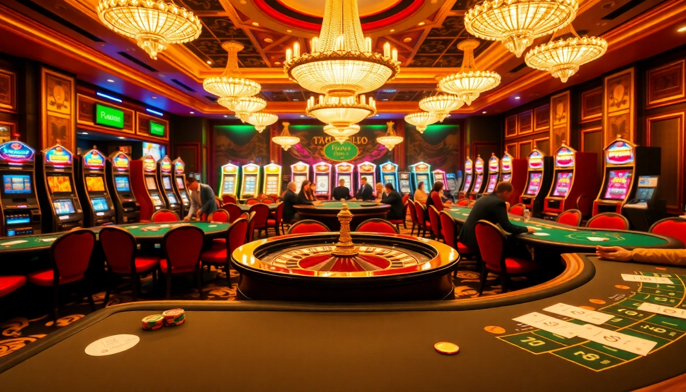 Exciting gameplay at a top club casino featuring roulette, blackjack, and vibrant slot machines.