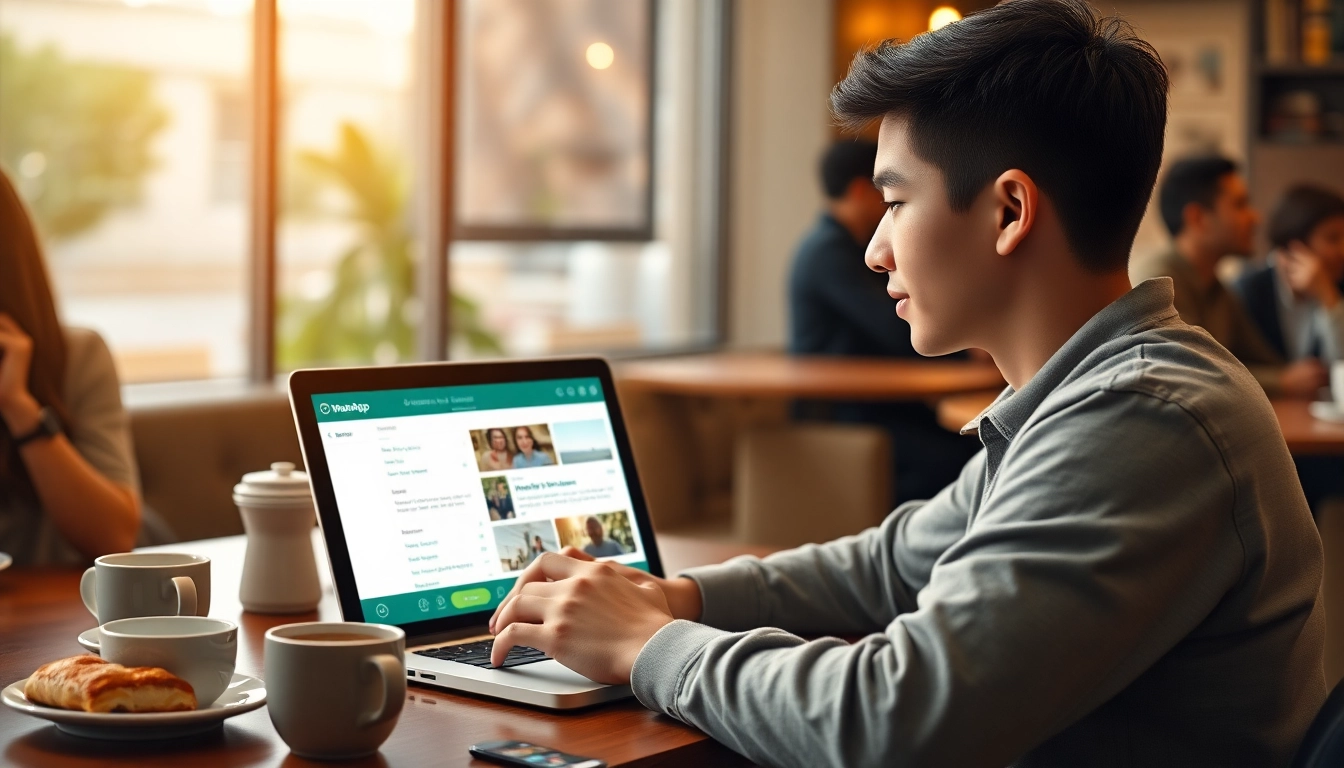 在咖啡馆的 WhatsApp Web 使用场景，生动展示快连官网的通信功能。