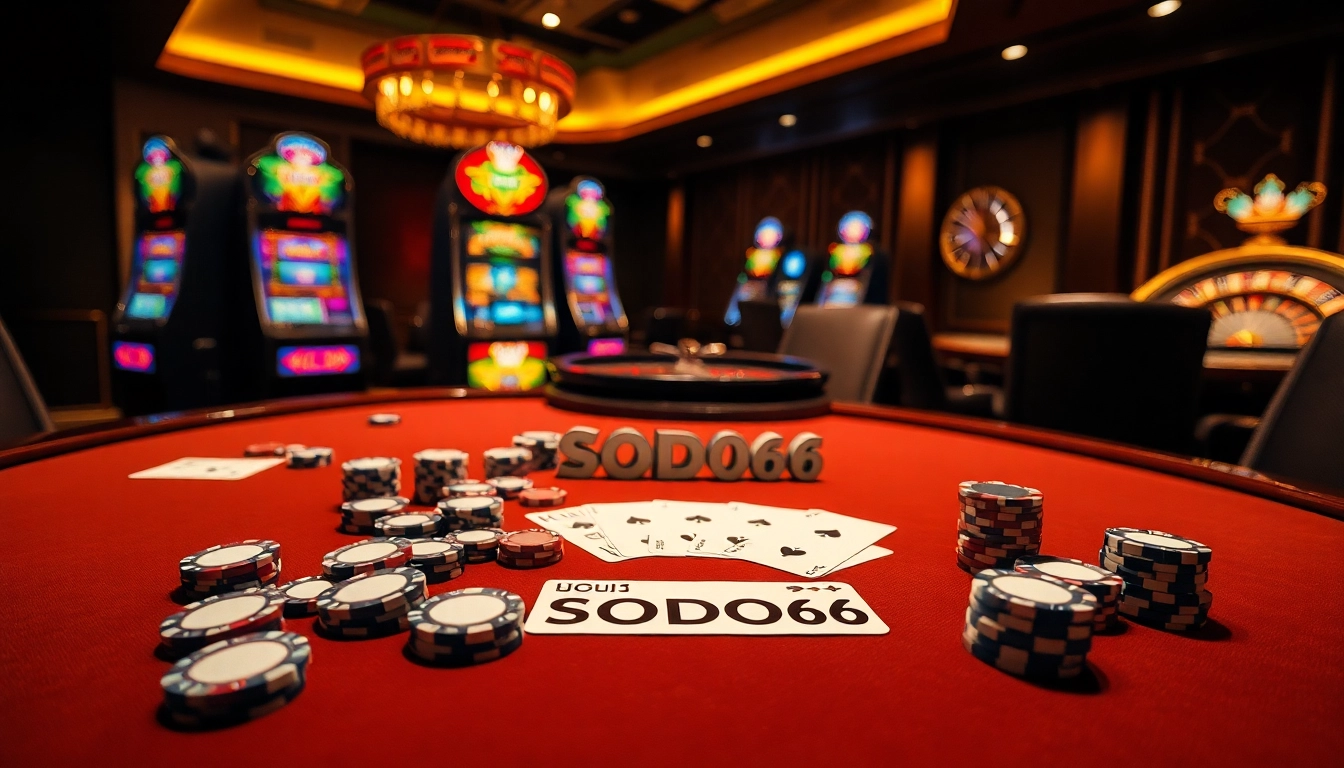 SODO66 boosts the thrill of casino gaming with vibrant poker chips and glowing slot machines.