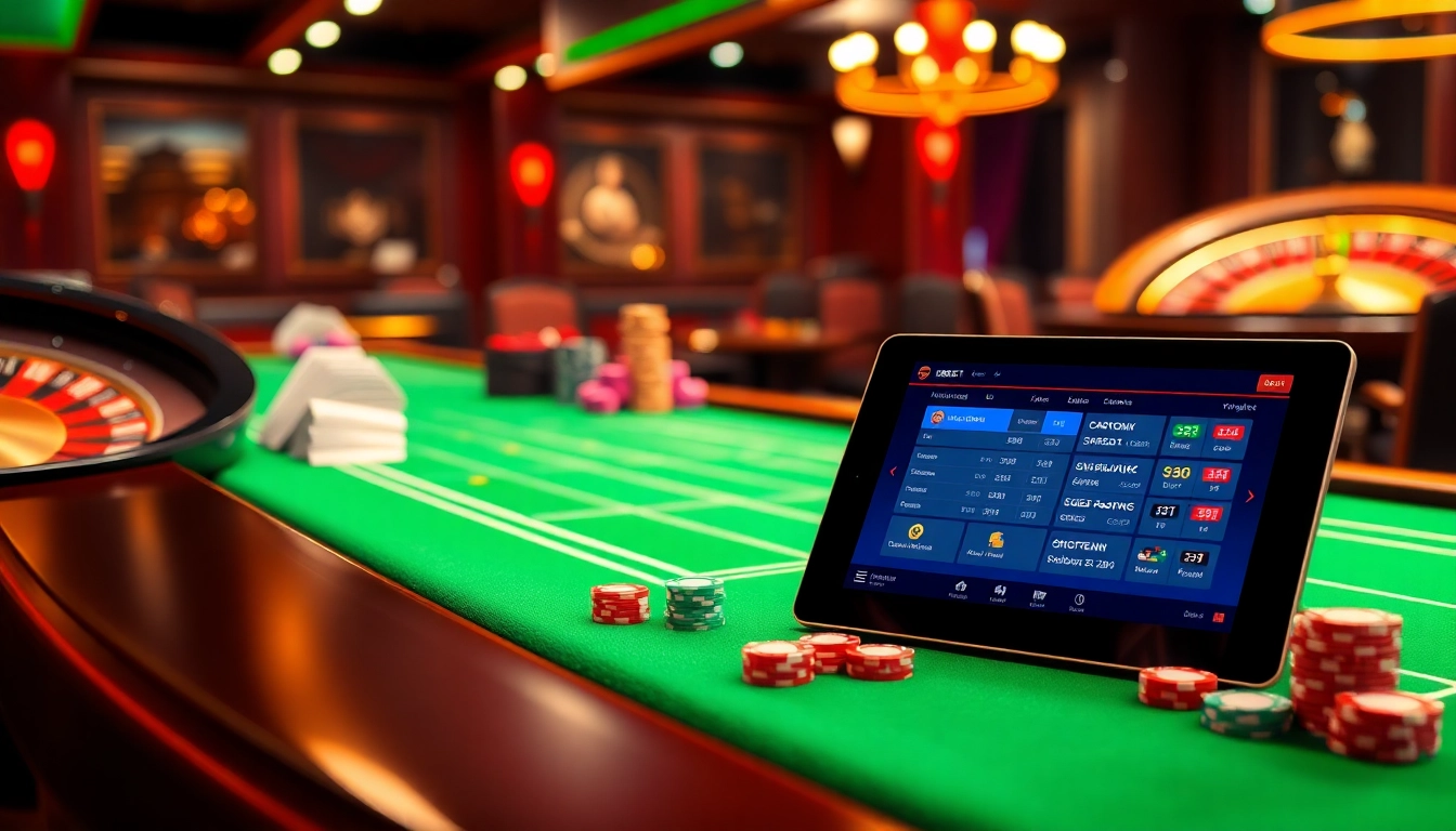 Sbobet betting scene with vibrant casino tables, poker chips, and a modern online gambling interface.