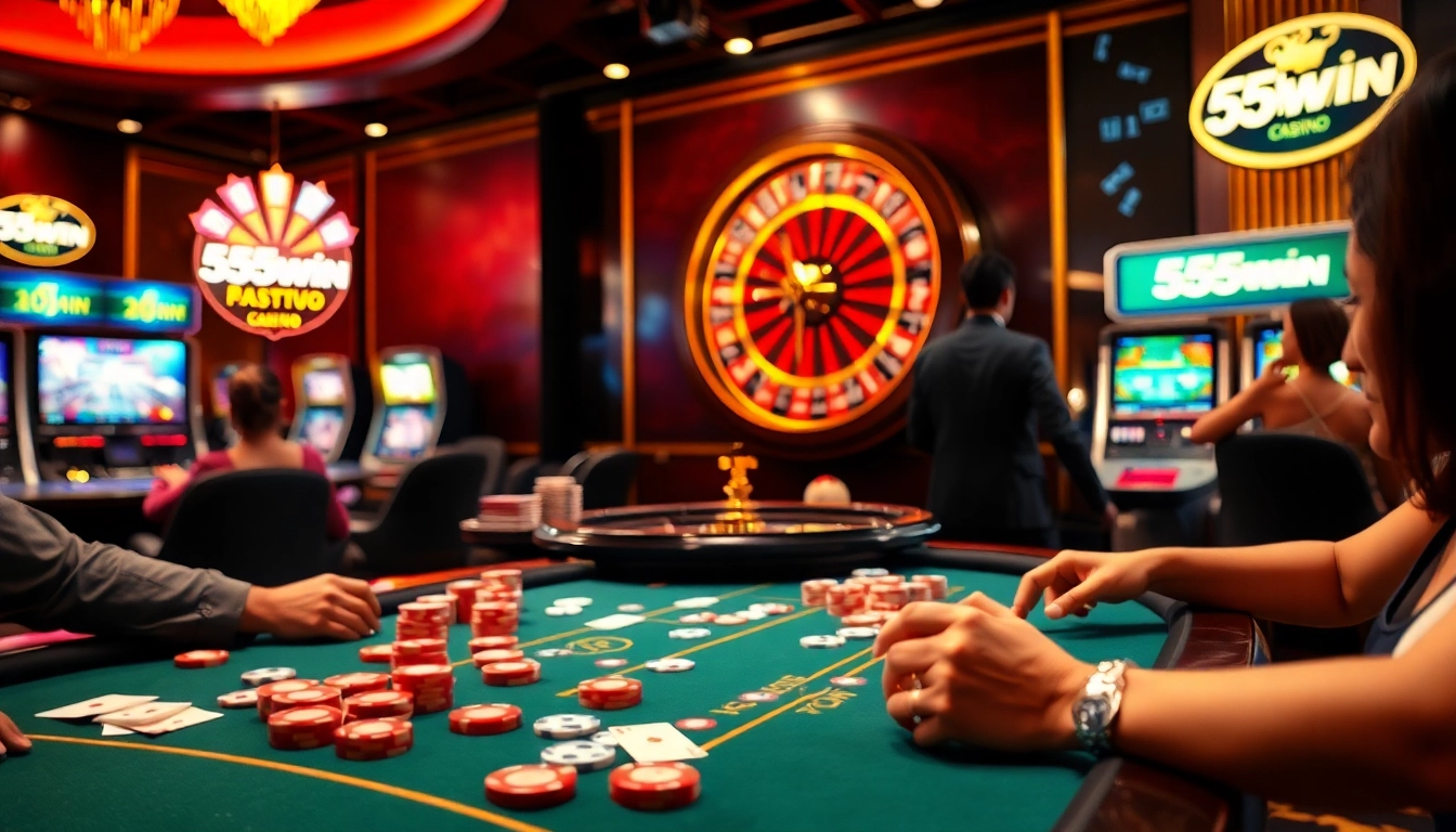 Players enjoying thrilling casino games at 555win, with vibrant lights and exciting action.