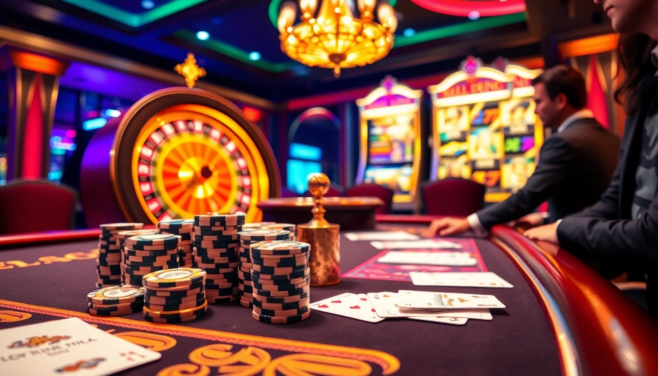 Experience the thrill of ev88.com with an exhilarating casino scene showcasing poker, roulette, and slot machines.