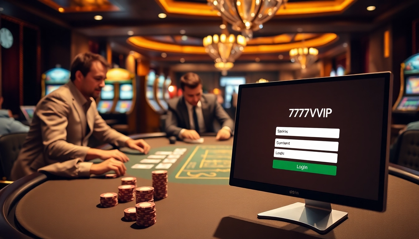 Experience the thrill of a luxurious casino with a focus on 777VIP Login, showcasing poker excitement.
