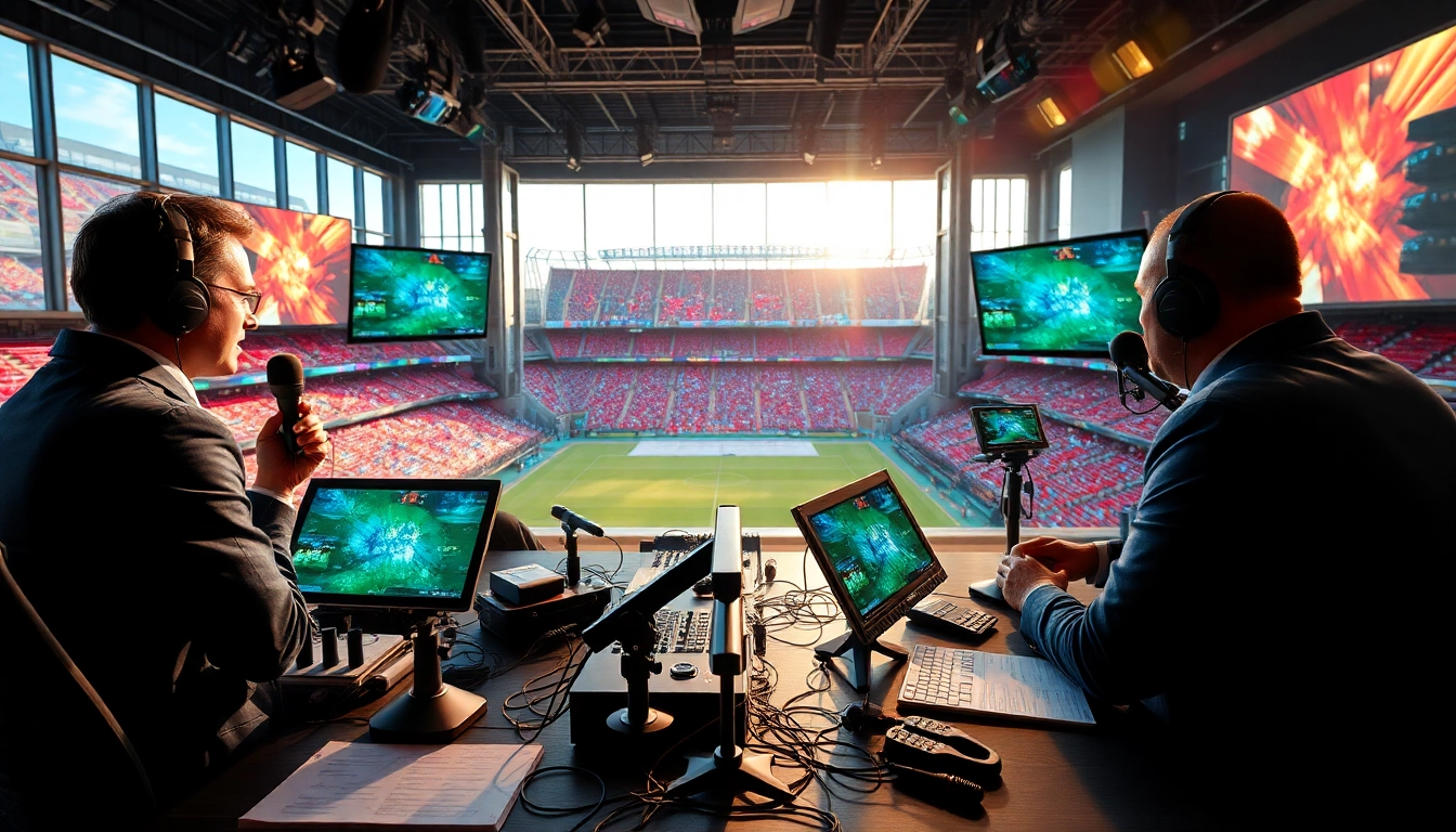 Captivating scene of sports broadcasting with commentators and advanced technology.