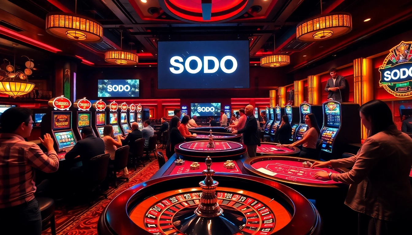 Players enjoying high-stakes poker at SODO Casino, surrounded by vibrant slot machines and roulette action.