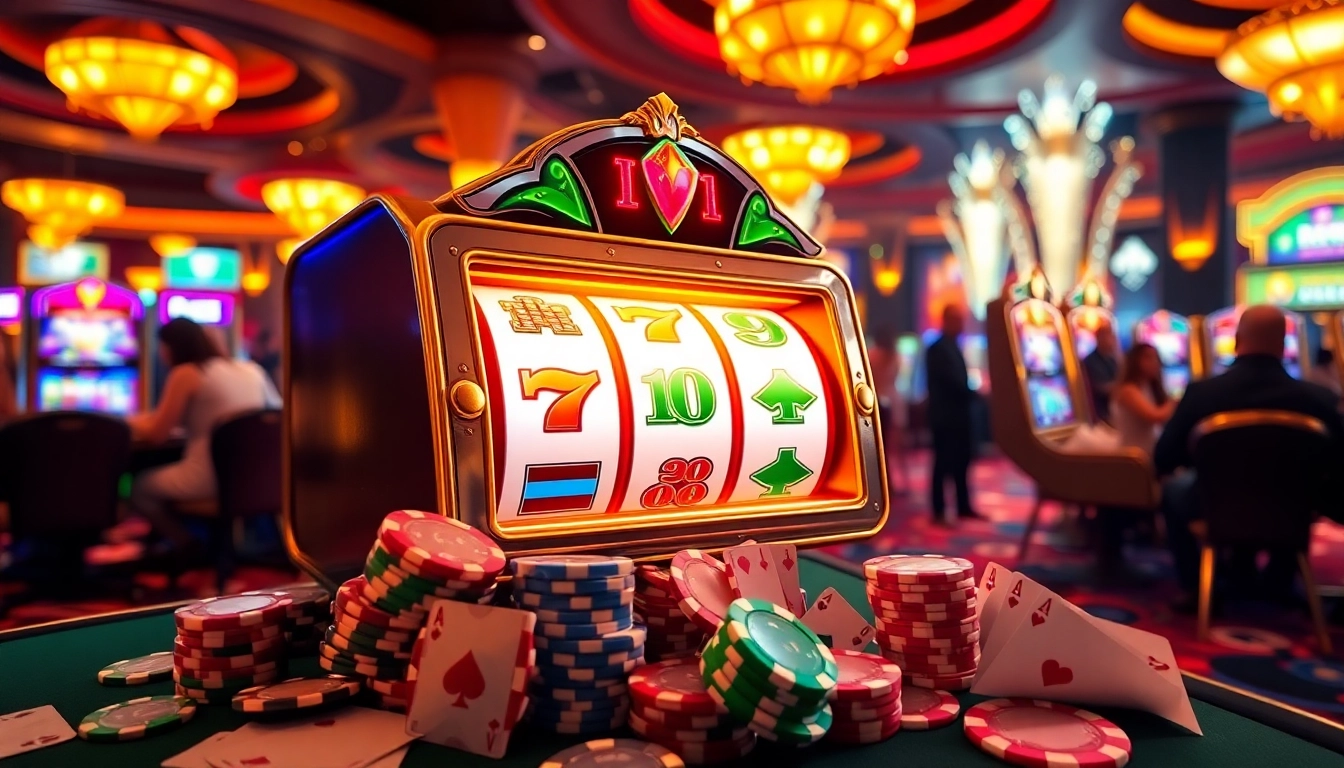 Players enjoying the excitement of idnslot games at a vibrant casino featuring slot machines and poker chips.