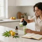 proper loud CBD oil and wellness scene in bright kitchen with herbal elements