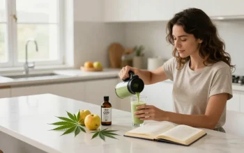 proper loud CBD oil and wellness scene in bright kitchen with herbal elements