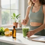 Proper loud CBD oil used for creating a refreshing smoothie in a wellness-focused kitchen.