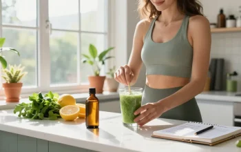 Proper loud CBD oil used for creating a refreshing smoothie in a wellness-focused kitchen.