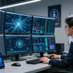 Recover stolen cryptocurrency with cybersecurity expert analyzing real-time data in a high-tech command center.