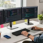 Developer showcasing Snipaste官网 features in a vibrant tech workspace