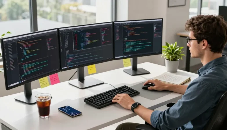 Developer showcasing Snipaste官网 features in a vibrant tech workspace