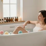 Creación de contenido de marketing sobre aceites CBD orgánicos en un spa casero con ambiente de relajación y calidad natural.