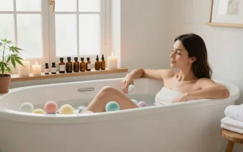 Creación de contenido de marketing sobre aceites CBD orgánicos en un spa casero con ambiente de relajación y calidad natural.