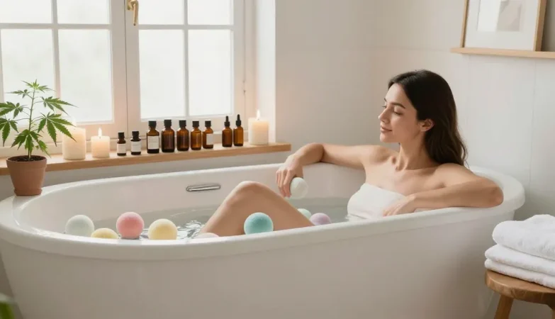 Creación de contenido de marketing sobre aceites CBD orgánicos en un spa casero con ambiente de relajación y calidad natural.