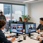 Live news coverage collaboration at https://www.theindaily.com with editorial team in a vibrant urban office setting.