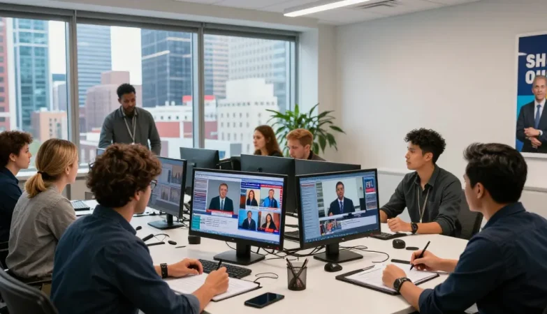 Live news coverage collaboration at https://www.theindaily.com with editorial team in a vibrant urban office setting.